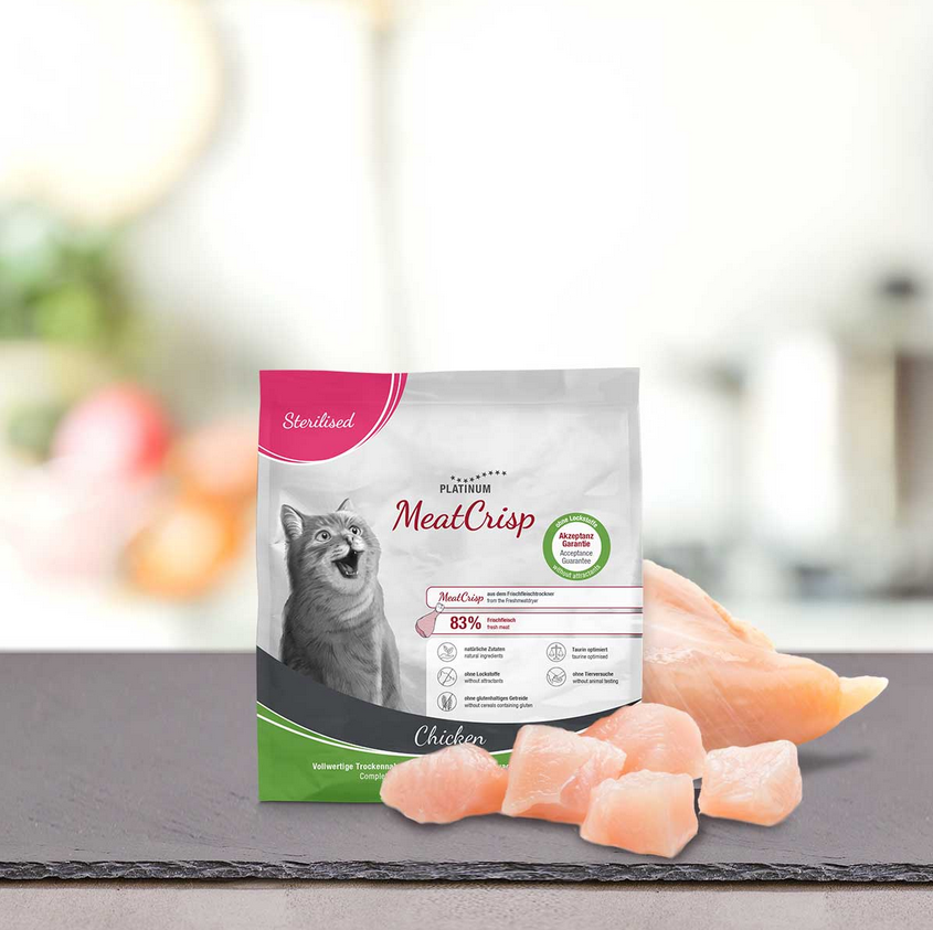 Meat Crisp Sterilised Ckicken Katzen Trockenfutter 83 % Fleisch Taurin optimiert
