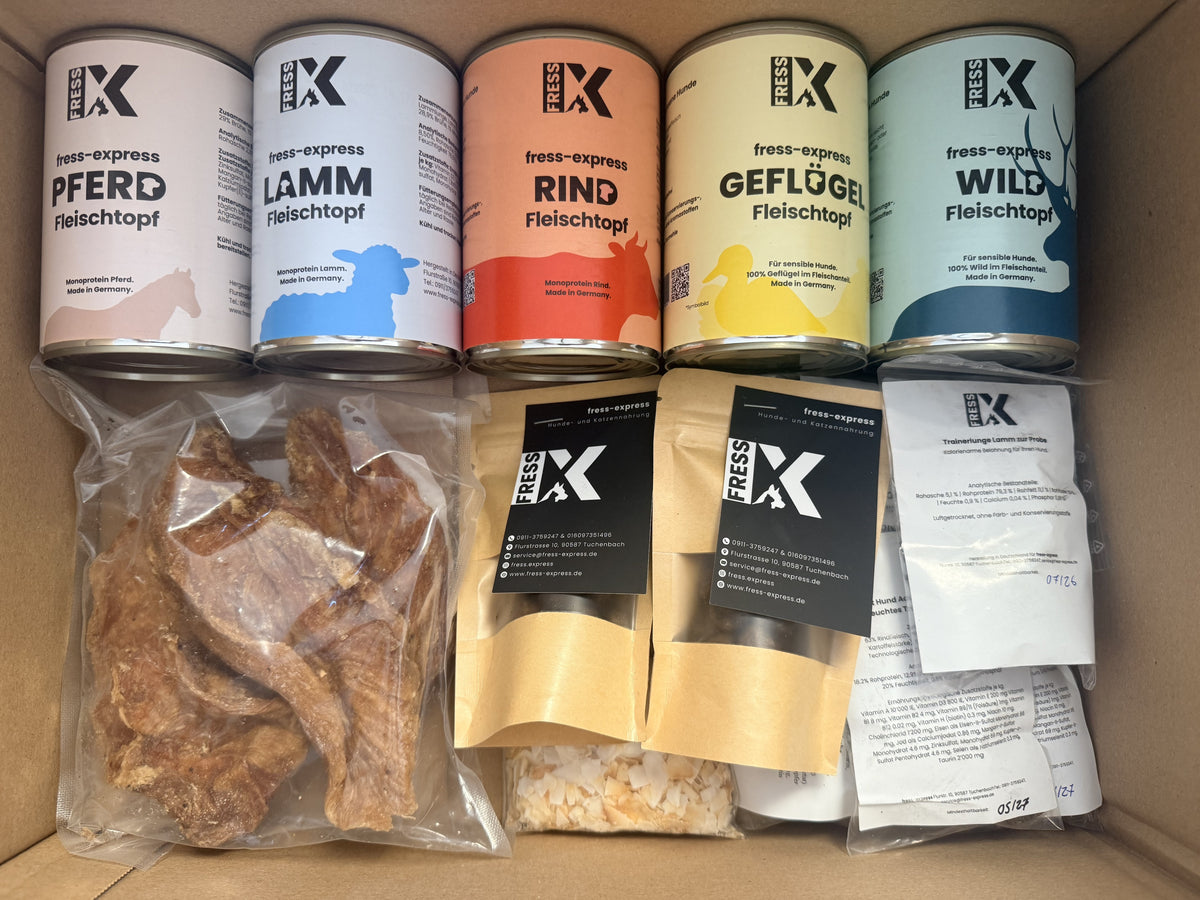 Probepaket für sensible Hunde – Fleischtöpfe + Mix + Trockenfutter + Kauartikel